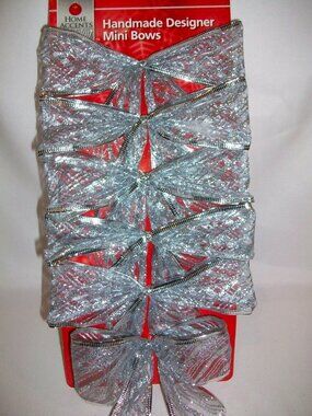 Set 6 Hand Made Silver Glitter Christmas Wired Mini Bows Wreath Mailbox Holiday